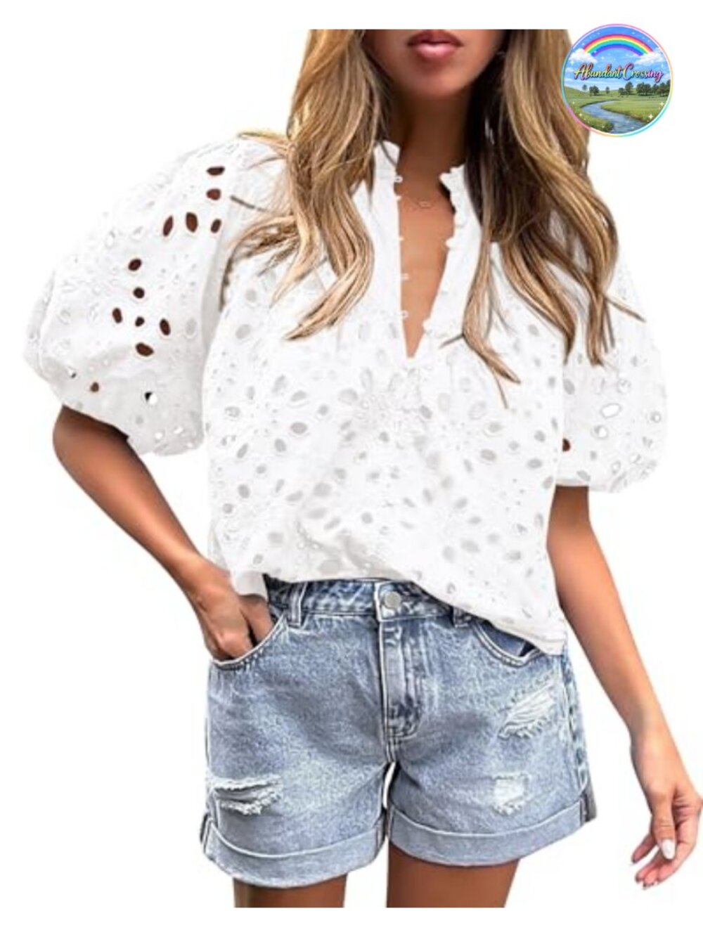 Boho Eyelet Puff Sleeve V-Neck Button Up Blouse